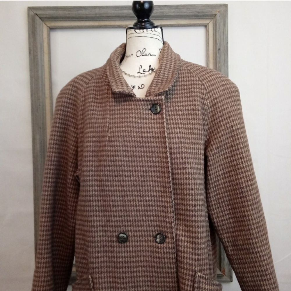 Vintage Wool Blend Brown Tan Houndstooth Coat XL